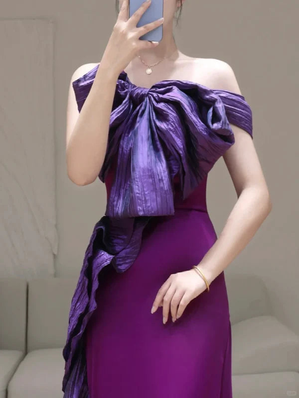 Gorgeous Grape Satin Mermaid Off The Shoulder Long Prom Dresses Hot Sale Party Dresses For Women With Bow