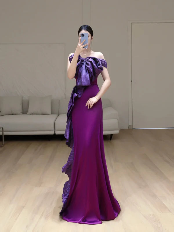 Gorgeous Grape Satin Mermaid Off The Shoulder Long Prom Dresses Hot Sale Party Dresses For Women With Bow