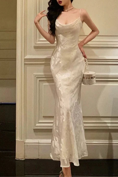 Gorgeous Ivory Satin Floral Prints Mermaid Spaghetti Straps Date Evening Dress Prom Dress