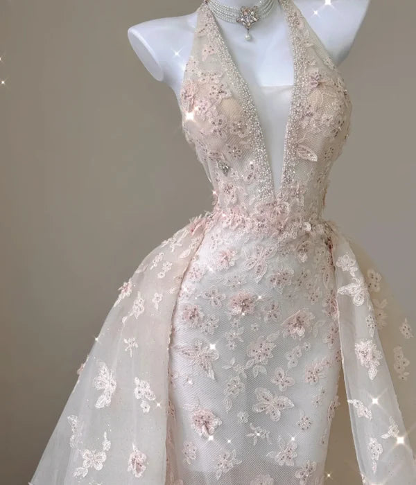 Gorgeous Mermaid Halter Sleeveless Embroidered Lace Pink Long Prom Dresses For Ladies