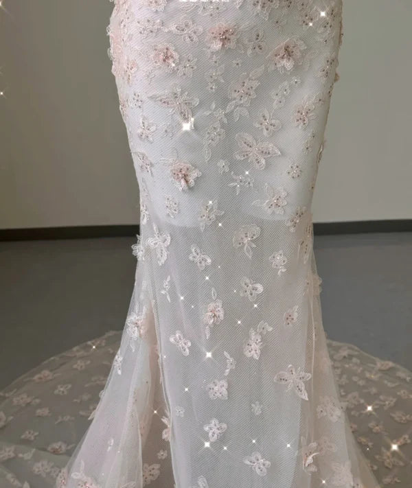 Gorgeous Mermaid Halter Sleeveless Embroidered Lace Pink Long Prom Dresses For Ladies