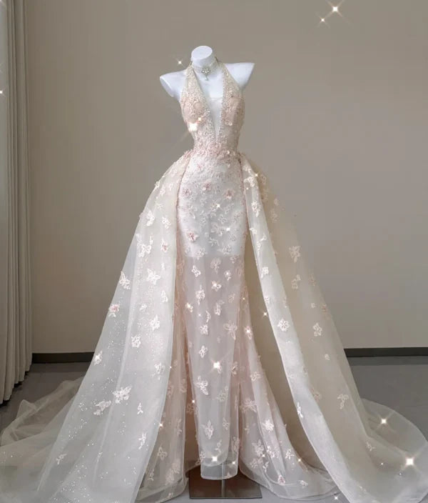 Gorgeous Mermaid Halter Sleeveless Embroidered Lace Pink Long Prom Dresses For Ladies