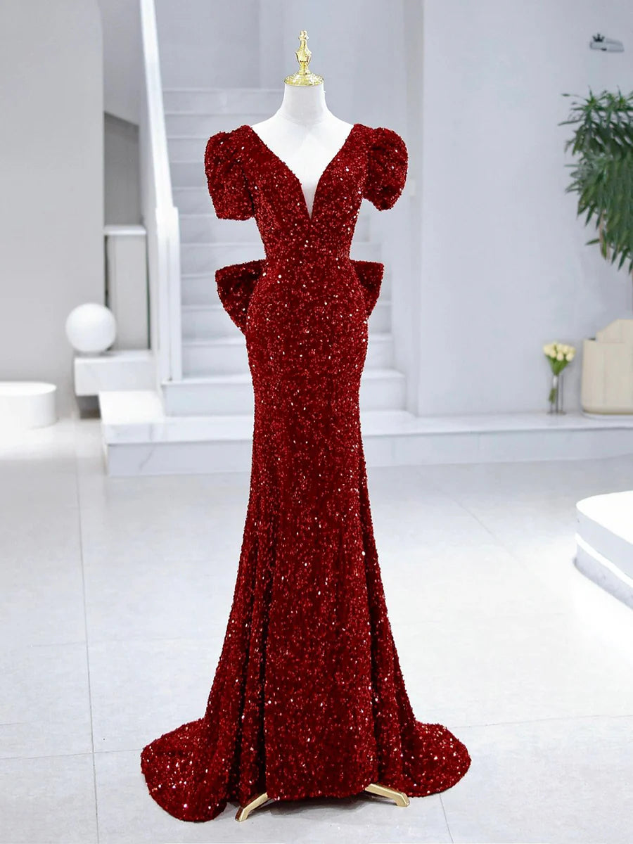 Gorgeous Mermaid V-Neck Beaded Bow-Back Sequin Burgundy Long Prom Dress With Short Train