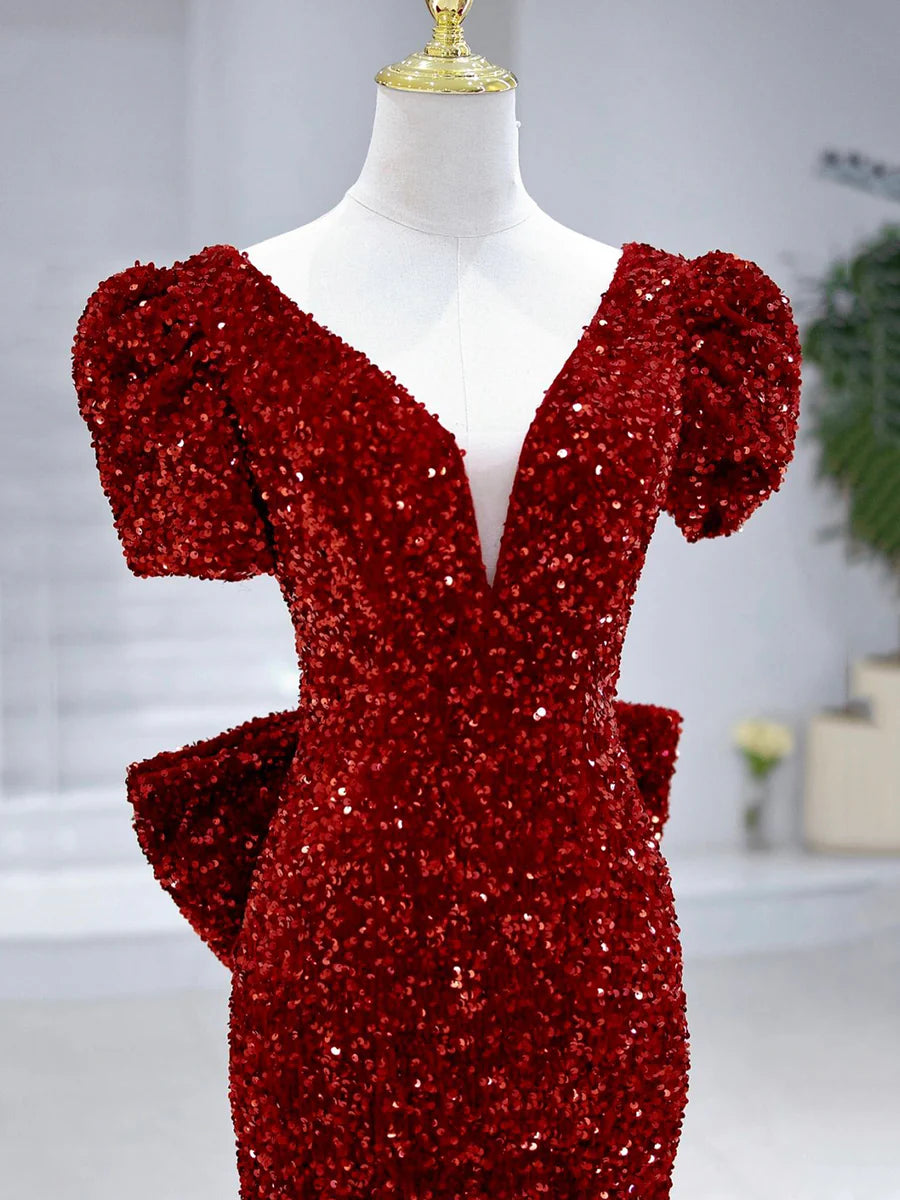 Gorgeous Mermaid V-Neck Beaded Bow-Back Sequin Burgundy Long Prom Dress With Short Train