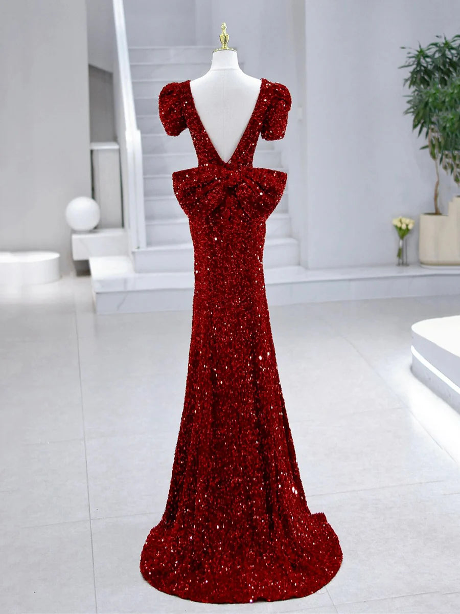 Gorgeous Mermaid V-Neck Beaded Bow-Back Sequin Burgundy Long Prom Dress With Short Train
