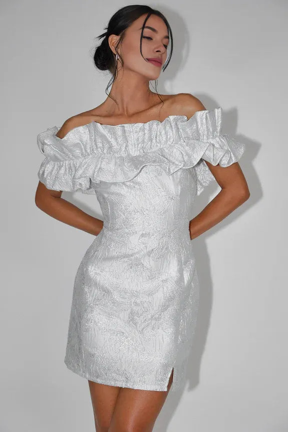 Gorgeous Off-Shoulder Ruffle Jacquard Off White Mini Homecoming Dress