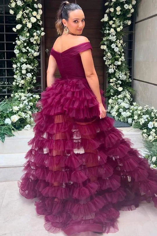 Gorgeous Off-the-shoulder V-neck A-line High-waist Ruffled Tulle Formal Ball Gown