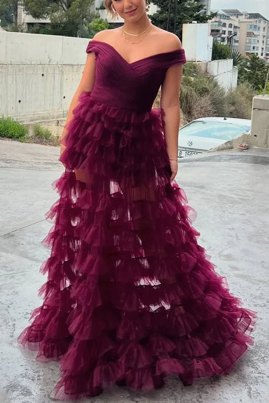 Gorgeous Off-the-shoulder V-neck A-line High-waist Ruffled Tulle Formal Ball Gown