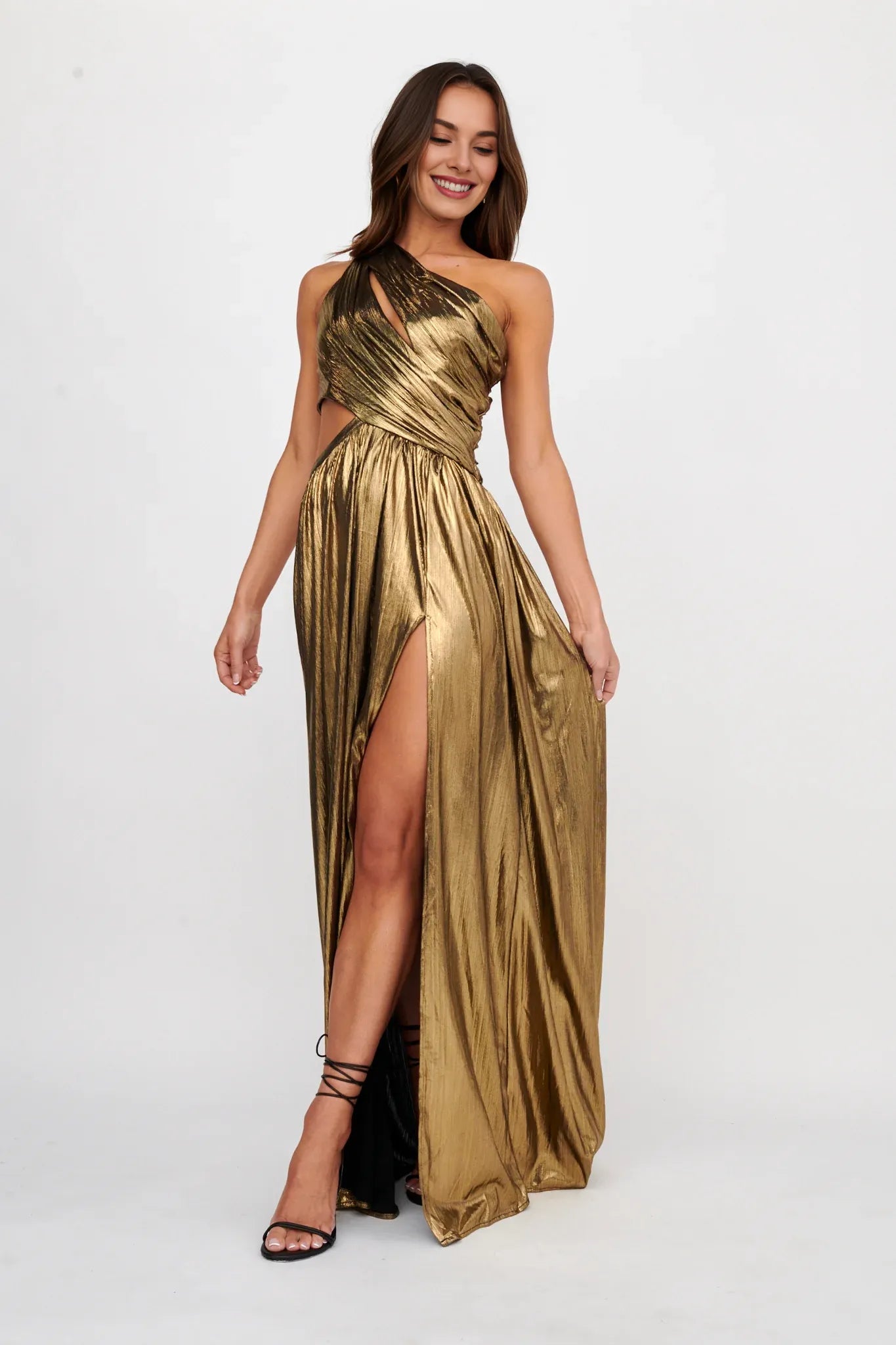 Gorgeous One Shoulder Cut Out Split Black Gold Maxi Evening Dress