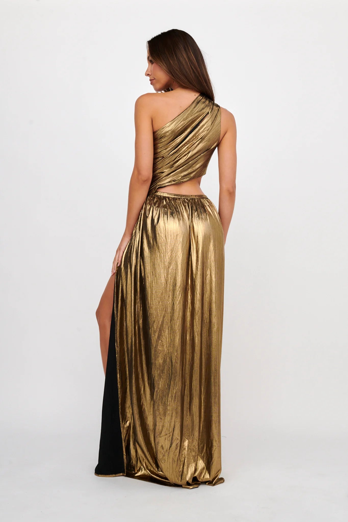 Gorgeous One Shoulder Cut Out Split Black Gold Maxi Evening Dress
