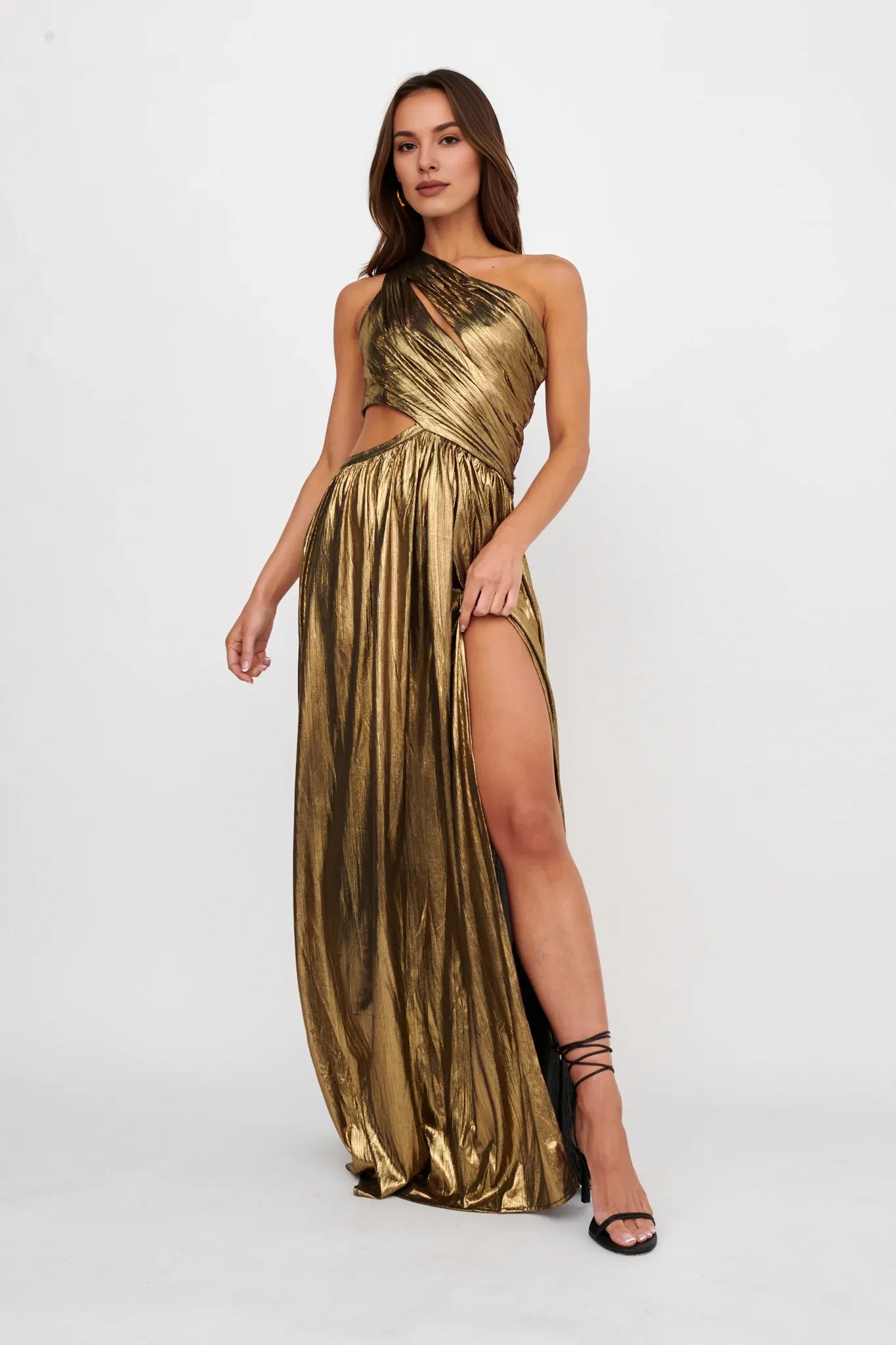 Gorgeous One Shoulder Cut Out Split Black Gold Maxi Evening Dress