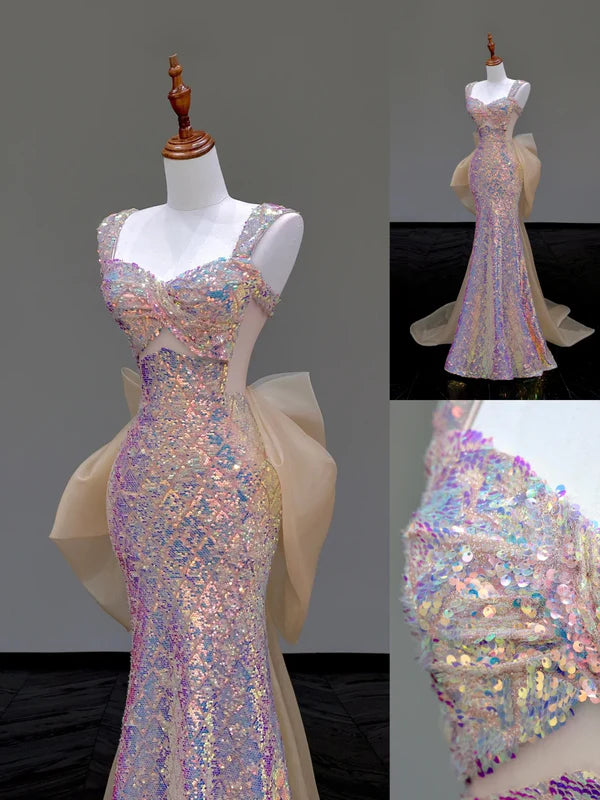 Gorgeous Pink Sequin Mermaid Sweetheart Cutout Long Prom Dress Budget Pink Party Dresses Graduation Dresses