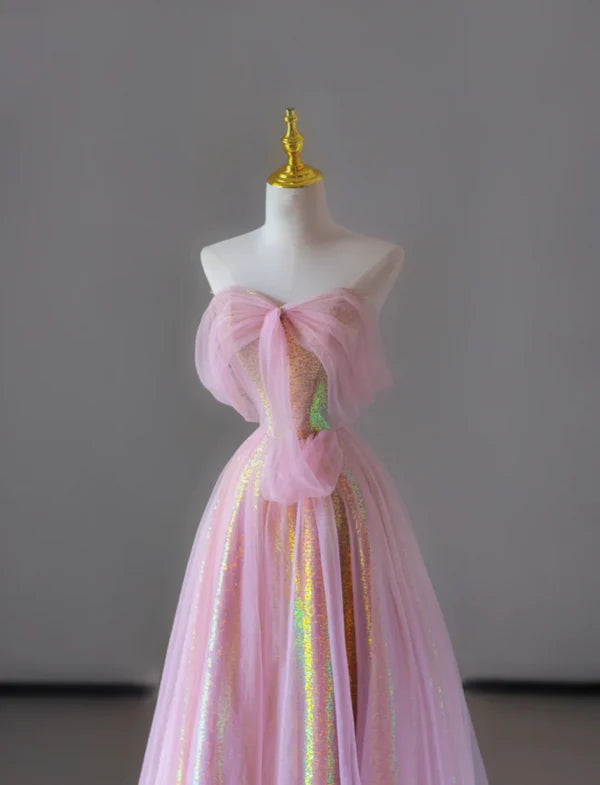 Gorgeous Pink Sequin Tulle Sleeveless A Line Sweetheart Sleeveless Long Prom Dresses Graduation Dresses