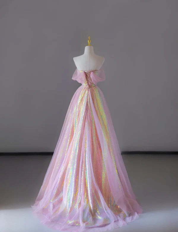 Gorgeous Pink Sequin Tulle Sleeveless A Line Sweetheart Sleeveless Long Prom Dresses Graduation Dresses