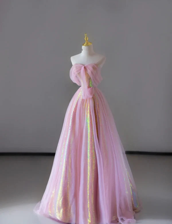 Gorgeous Pink Sequin Tulle Sleeveless A Line Sweetheart Sleeveless Long Prom Dresses Graduation Dresses