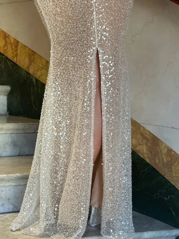 Gorgeous Pink Sequin U-Neck Mermaid Straps Slit Long Prom Dresses Affordable Sequin Party Dresses