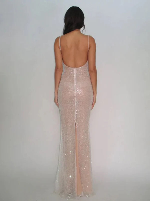 Gorgeous Pink Sequin U-Neck Mermaid Straps Slit Long Prom Dresses Affordable Sequin Party Dresses