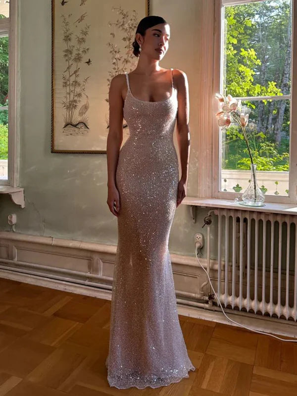 Gorgeous Pink Sequin U-Neck Mermaid Straps Slit Long Prom Dresses Affordable Sequin Party Dresses