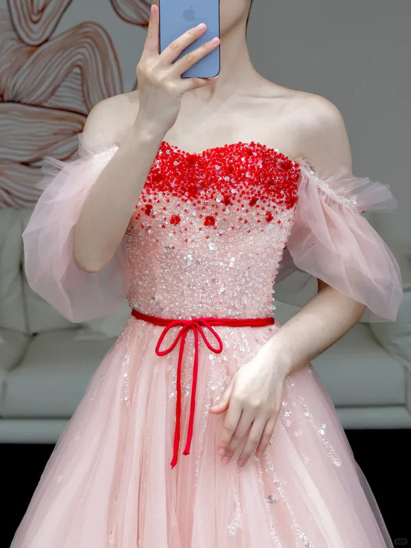 Gorgeous Pink Tulle With Beaded A line Off The Shoulder Long Prom Dresses Discount Long Party Dresses