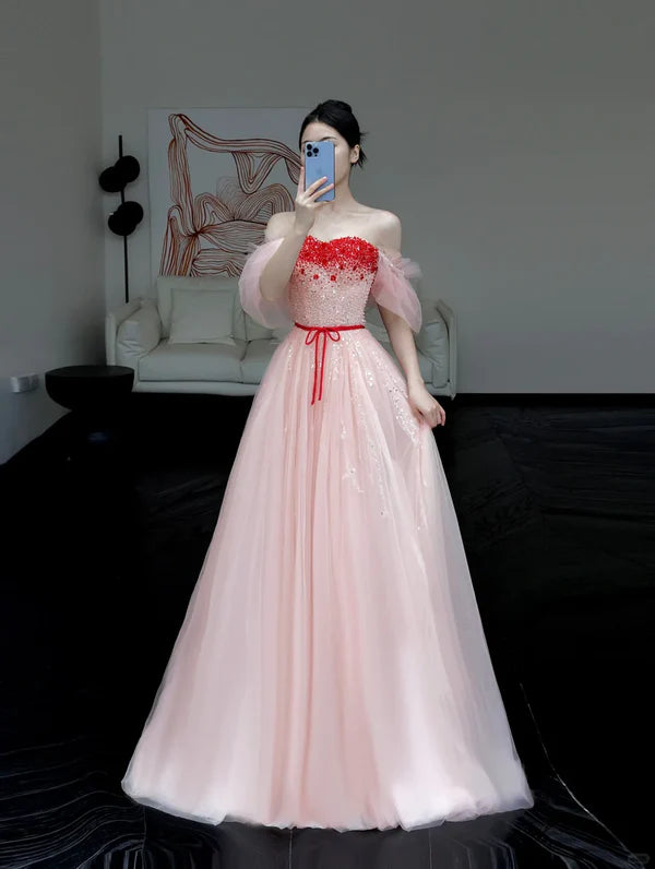 Gorgeous Pink Tulle With Beaded A line Off The Shoulder Long Prom Dresses Discount Long Party Dresses