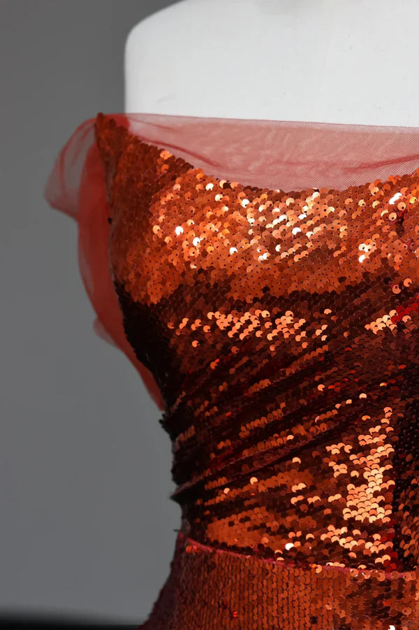 Gorgeous Rust Red Sequin Off The Shoulder Mermaid Long Prom Dresses Bargain Rust Red Long Dresses