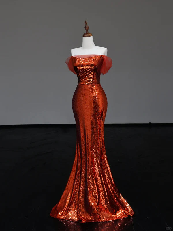 Gorgeous Rust Red Sequin Off The Shoulder Mermaid Long Prom Dresses Bargain Rust Red Long Dresses