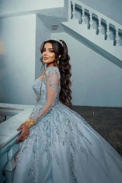 Gorgeous Satin Tulle A-Line Wedding Dresses Long Sleeves Square Neck  Sequins Appliques Bridal Dress