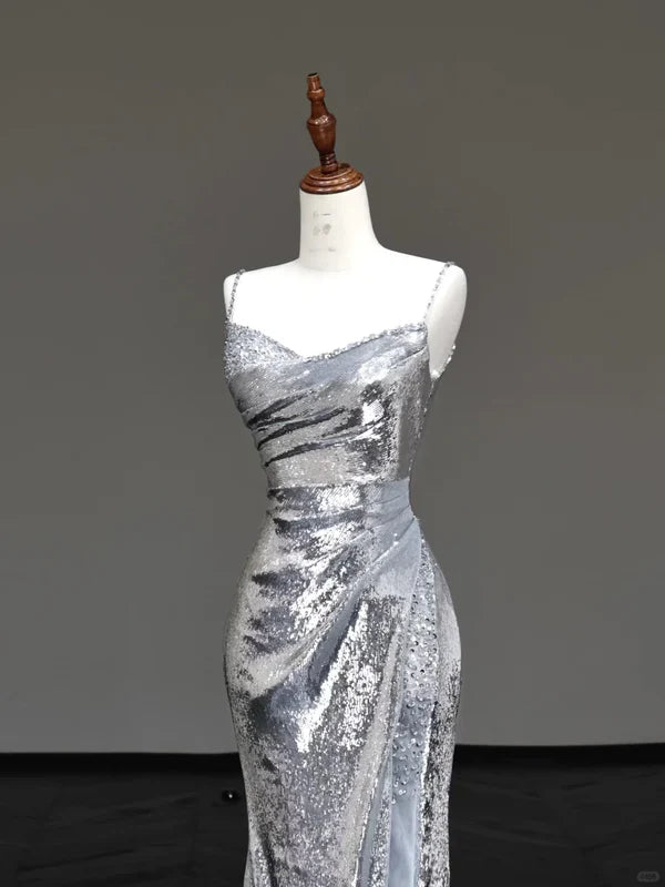 Gorgeous Silver Gray Sequin With Beaded Mermaid Spaghetti Straps Long Prom Dresses Graduation Dresses