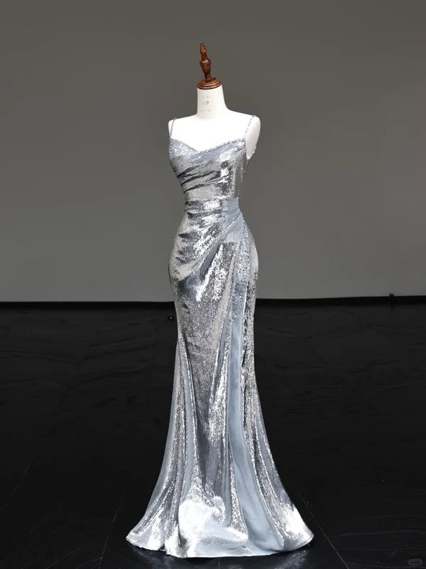 Gorgeous Silver Gray Sequin With Beaded Mermaid Spaghetti Straps Long Prom Dresses Graduation Dresses