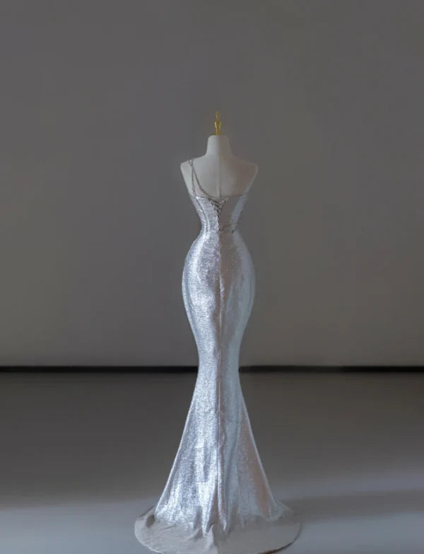 Gorgeous Strapless Sequin Sleeveless Mermaid Slit Long Prom Dresses Graduation Dresses With Rhinestones