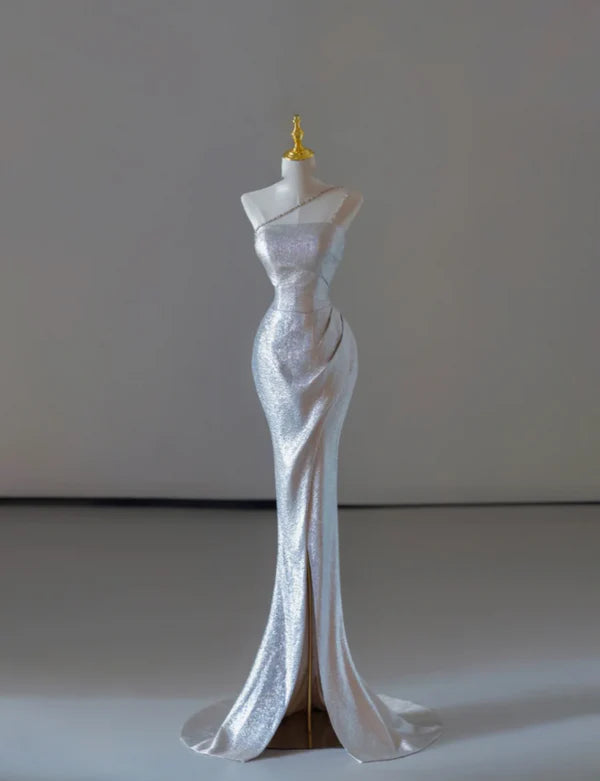 Gorgeous Strapless Sequin Sleeveless Mermaid Slit Long Prom Dresses Graduation Dresses With Rhinestones