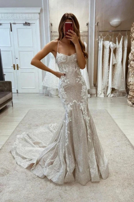 Gorgeous Tulle Lace Sparkling Mermaid Wedding Dress Spaghetti Straps Bridal Dress With Train