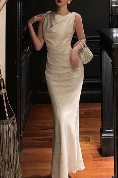 Gorgeous White Satin Floral Mermaid Draped collar Date Evening Dress Long Prom Dresses