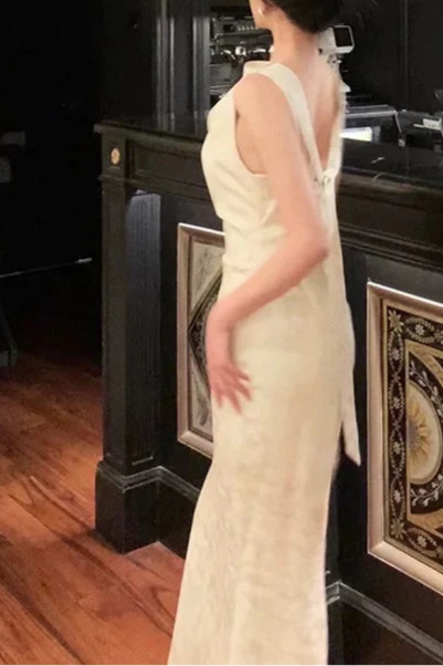 Gorgeous White Satin Floral Mermaid Draped collar Date Evening Dress Long Prom Dresses