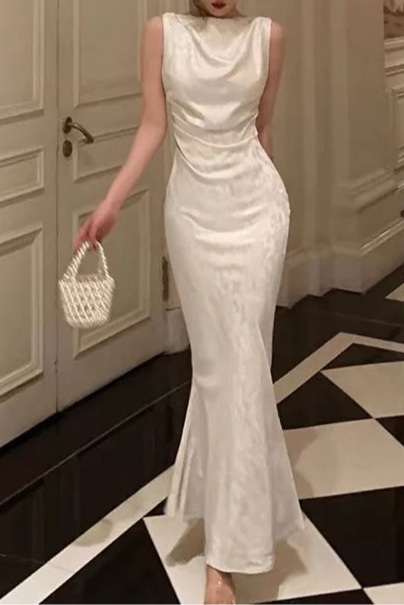 Gorgeous White Satin Floral Mermaid Draped collar Date Evening Dress Long Prom Dresses