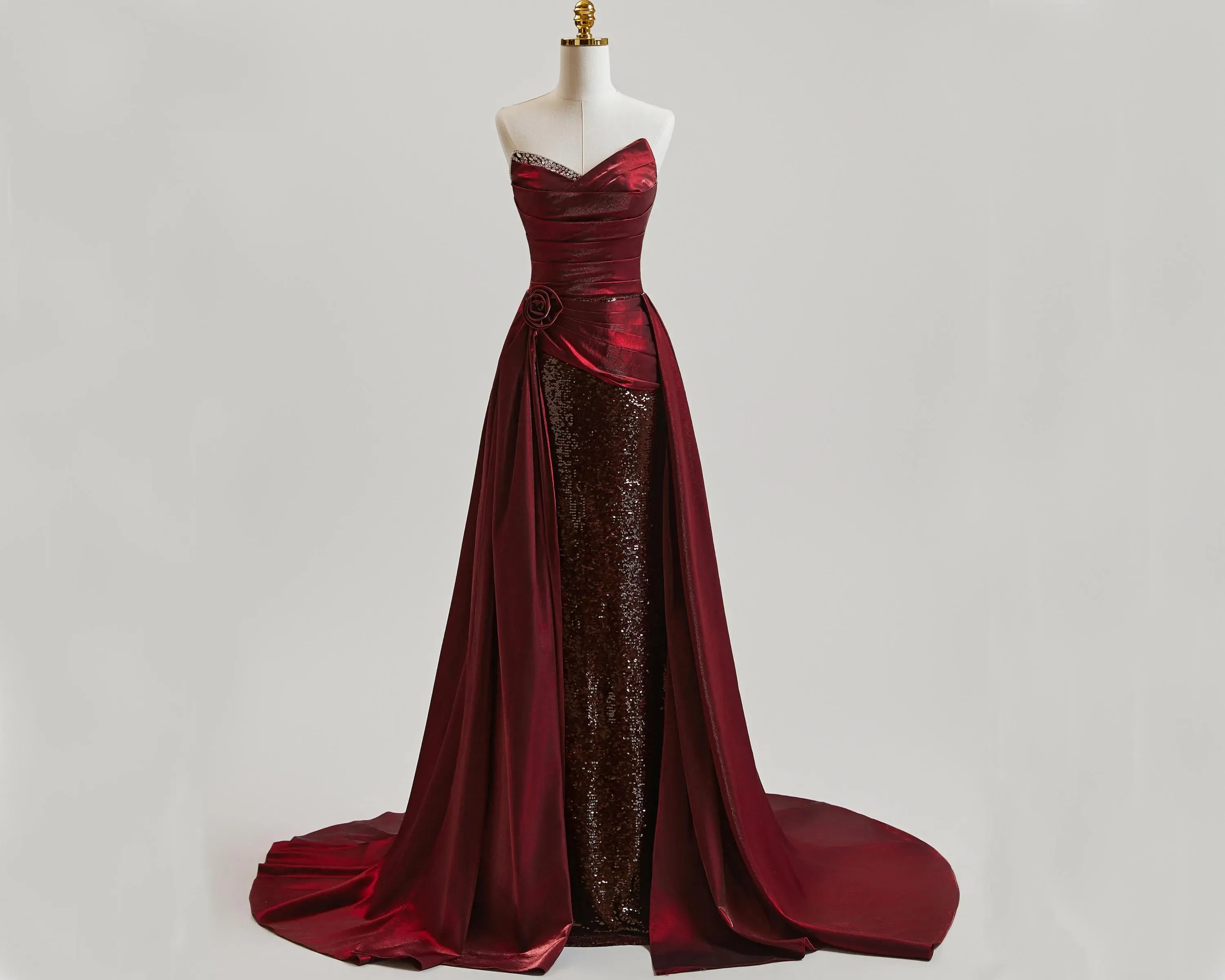 Gorgeous A Line Strapless Ruched Satin Sequins Burgundy Prom Dress With Train