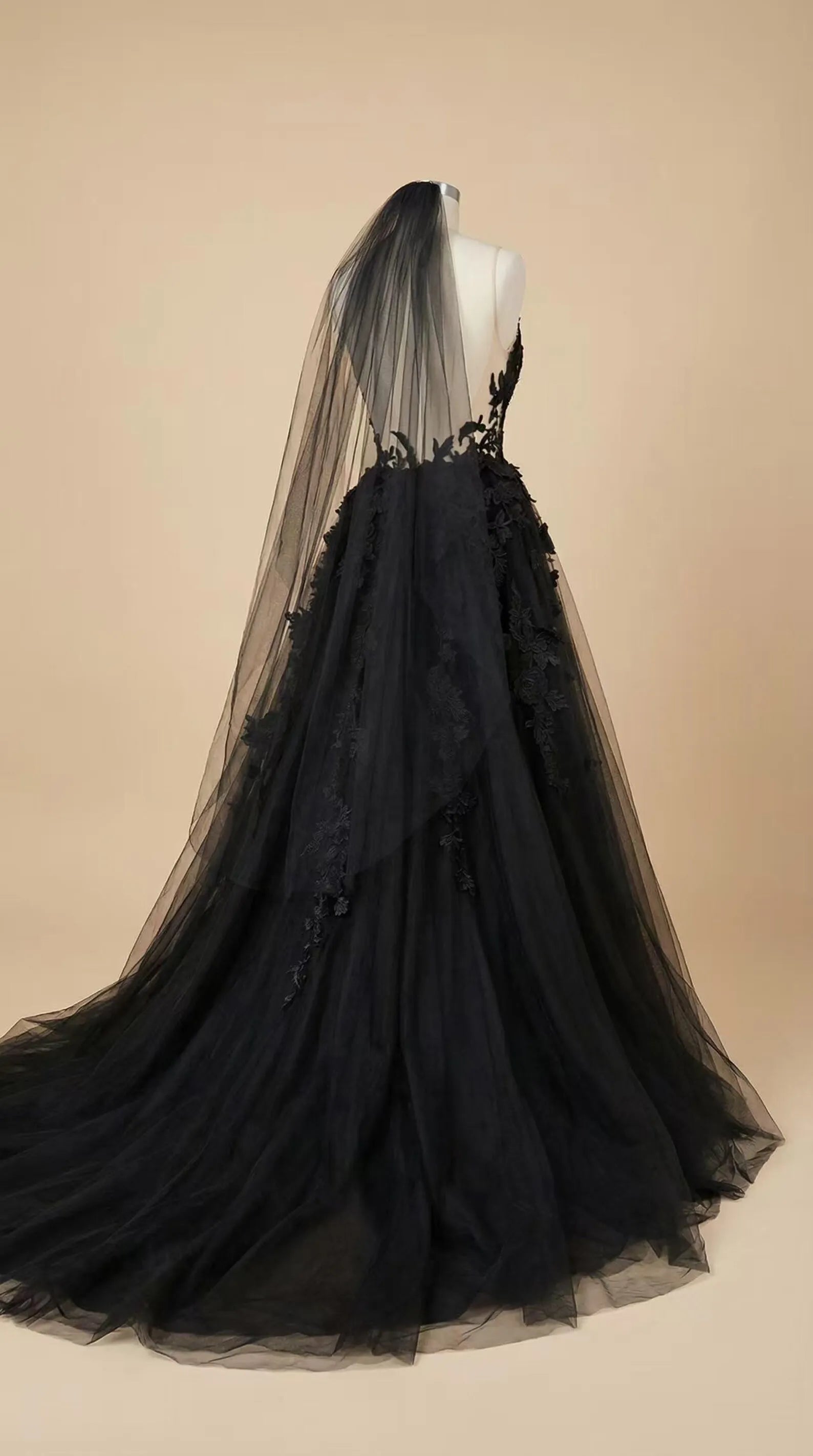 Gothic Ballgown Spaghetti-Strap Lace-Appliqued Sheer Black Train Wedding Dress No Veil