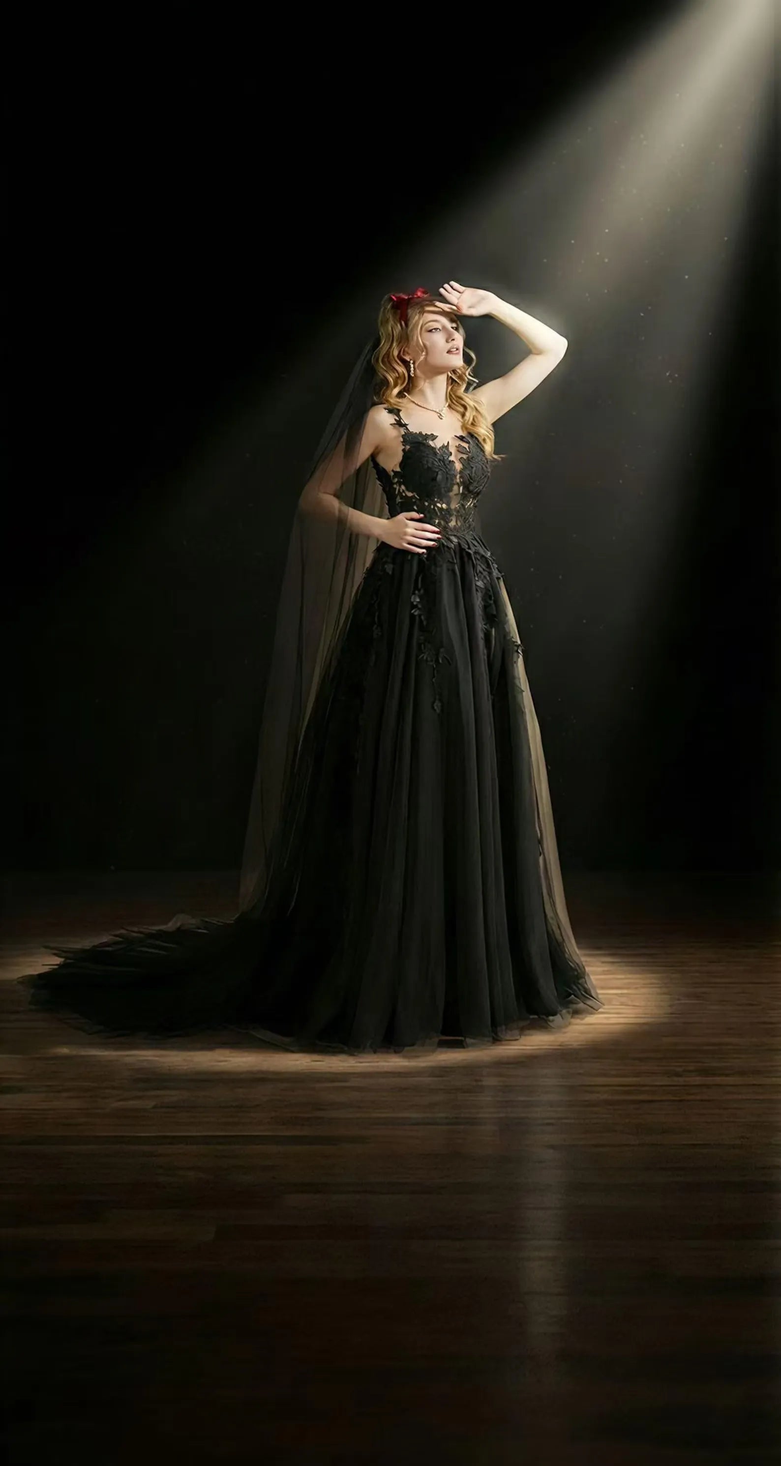 Gothic Ballgown Spaghetti-Strap Lace-Appliqued Sheer Black Train Wedding Dress No Veil