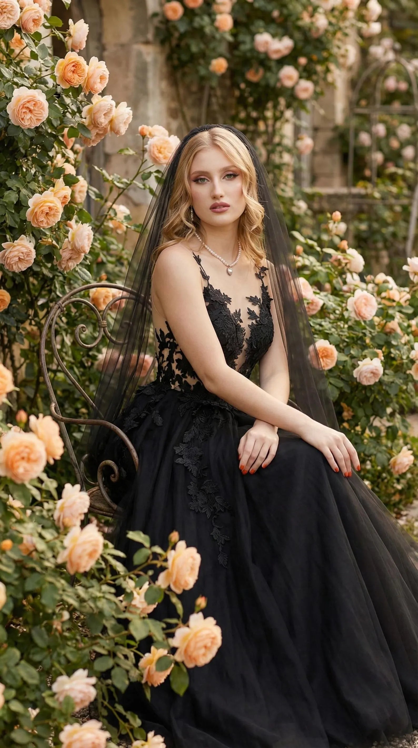 Gothic Ballgown Spaghetti-Strap Lace-Appliqued Sheer Black Train Wedding Dress No Veil