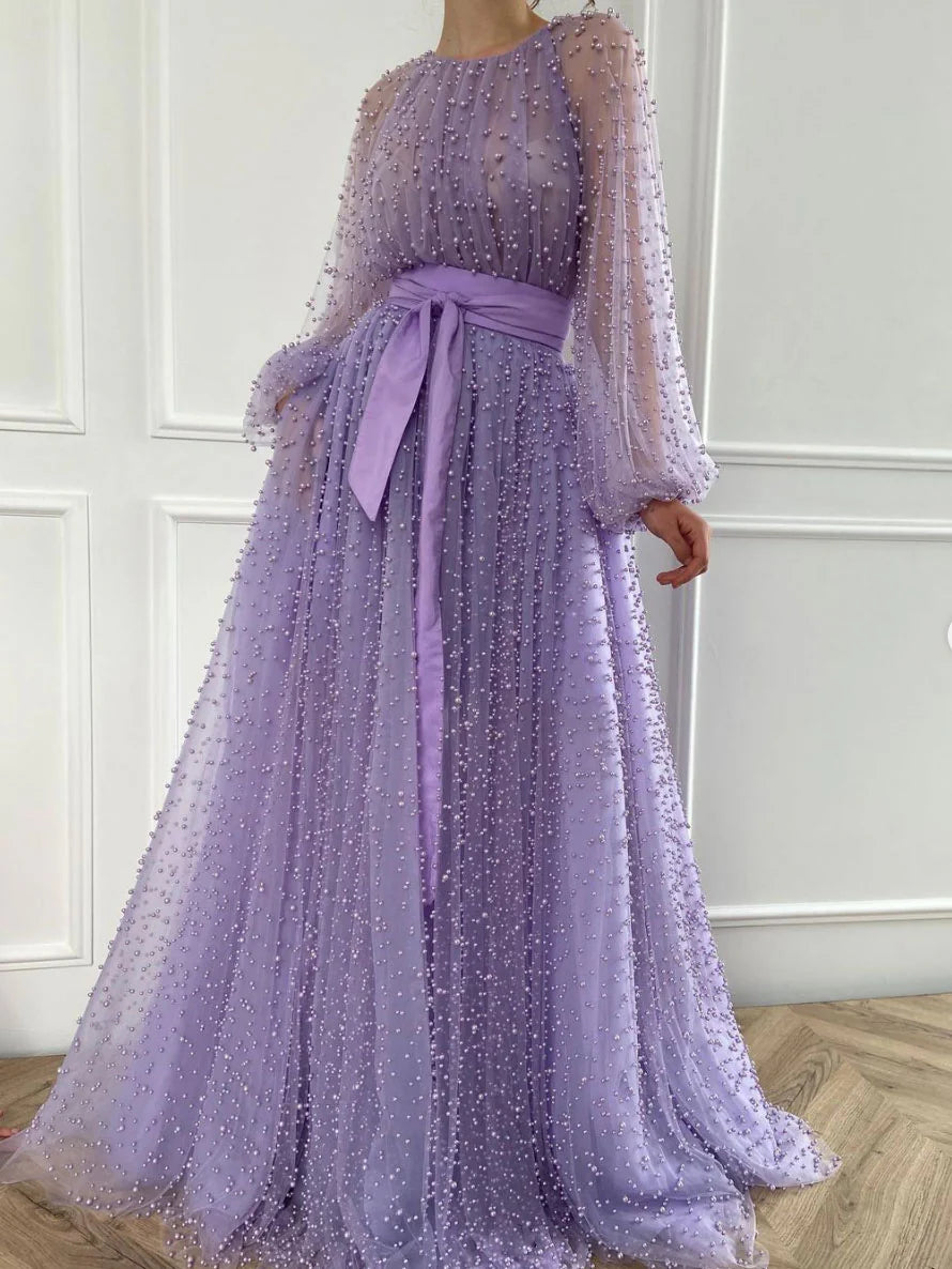 Purple A-line long prom dress with round neck, tulle, and bead details.