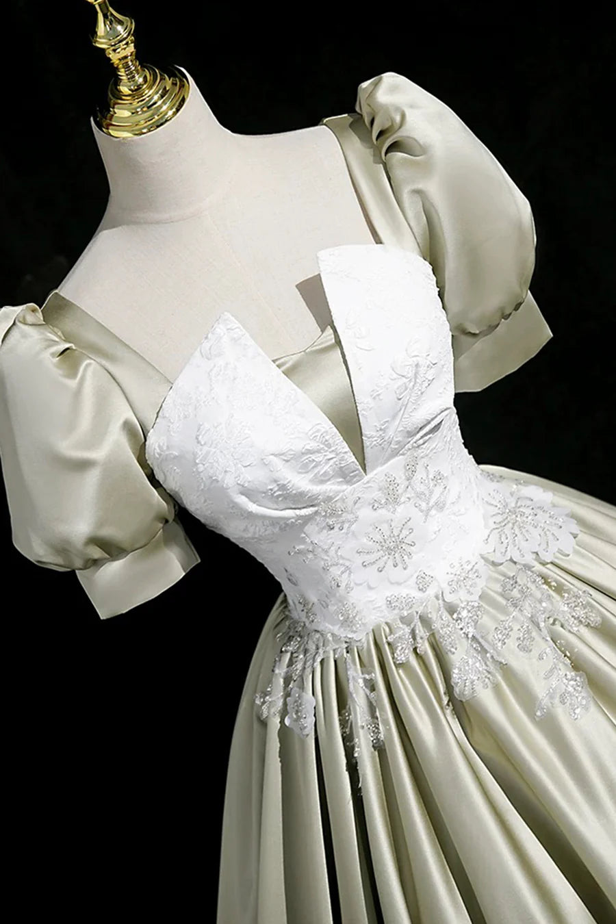 Gray Green Satin Floral Lace Short Sleeve Long Prom Dress Evening Party Dress