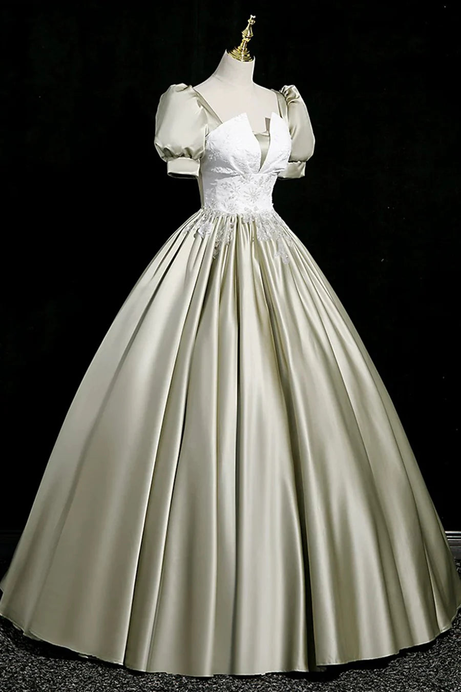 Gray Green Satin Floral Lace Short Sleeve Long Prom Dress Evening Party Dress