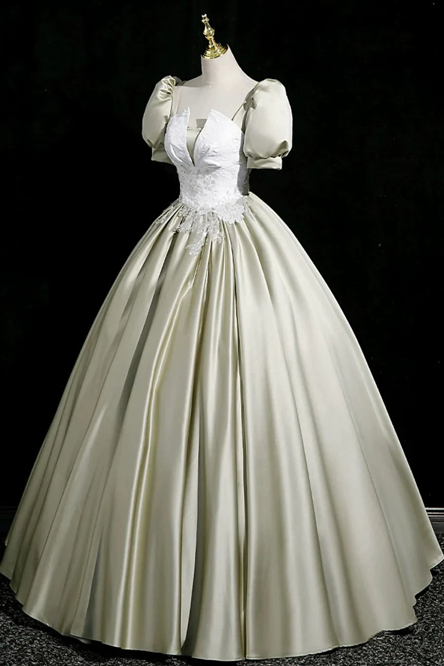 Gray Green Satin Floral Lace Short Sleeve Long Prom Dress Evening Party Dress