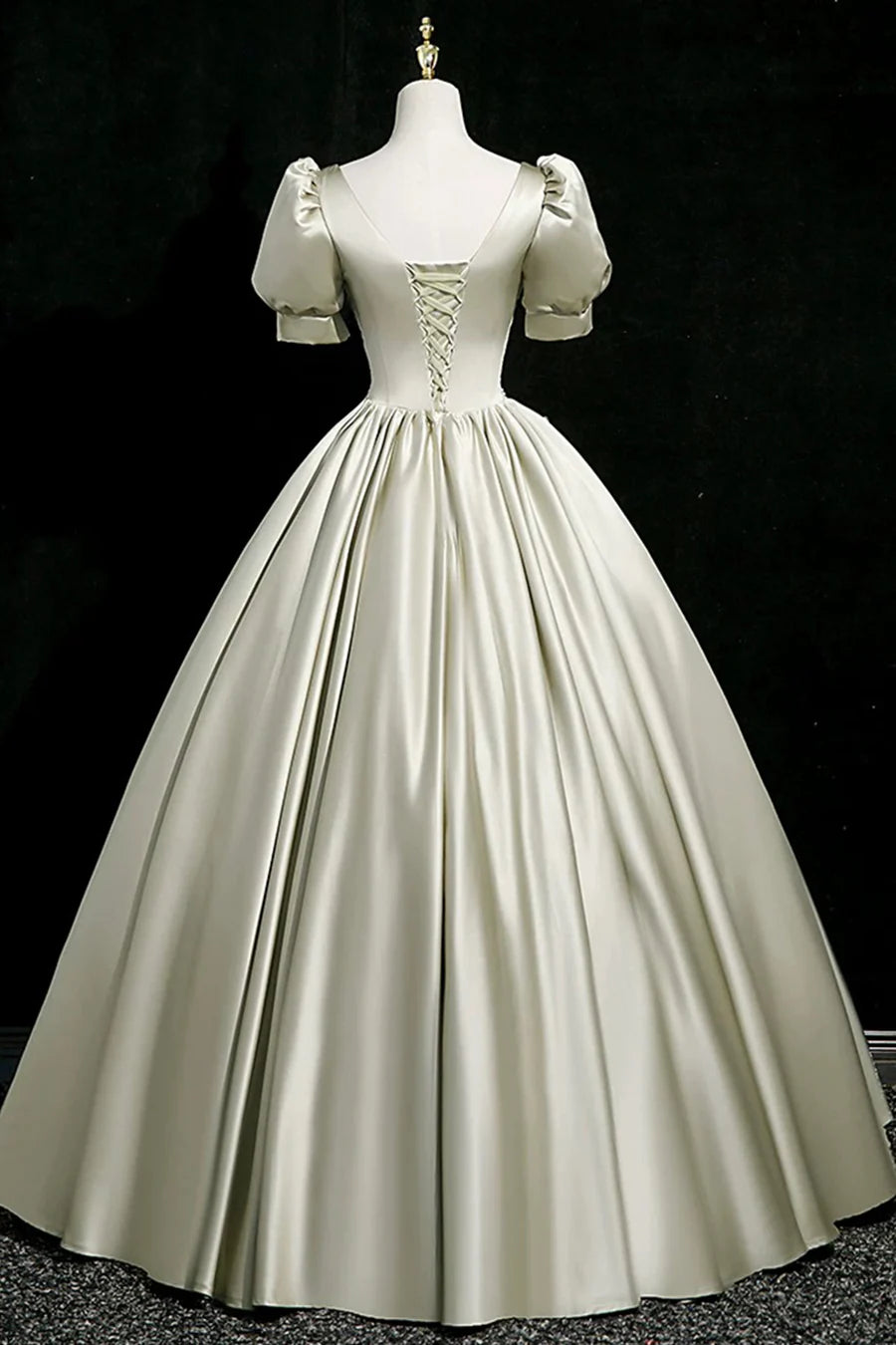 Gray Green Satin Floral Lace Short Sleeve Long Prom Dress Evening Party Dress