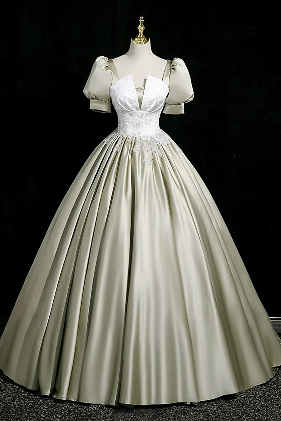 Gray Green Satin Floral Lace Short Sleeve Long Prom Dress Evening Party Dress