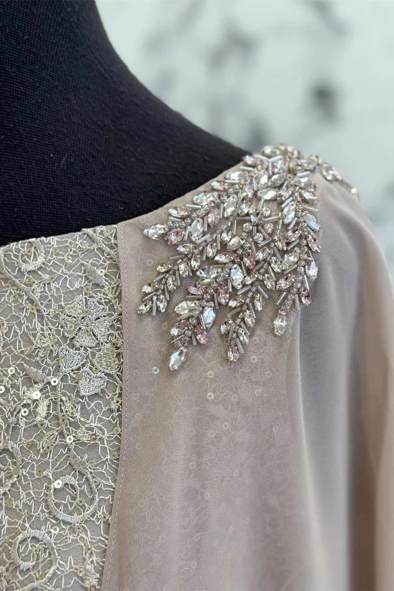 Gray Lace Printing Round Neck Long Evening Dress With Cape Sleeves