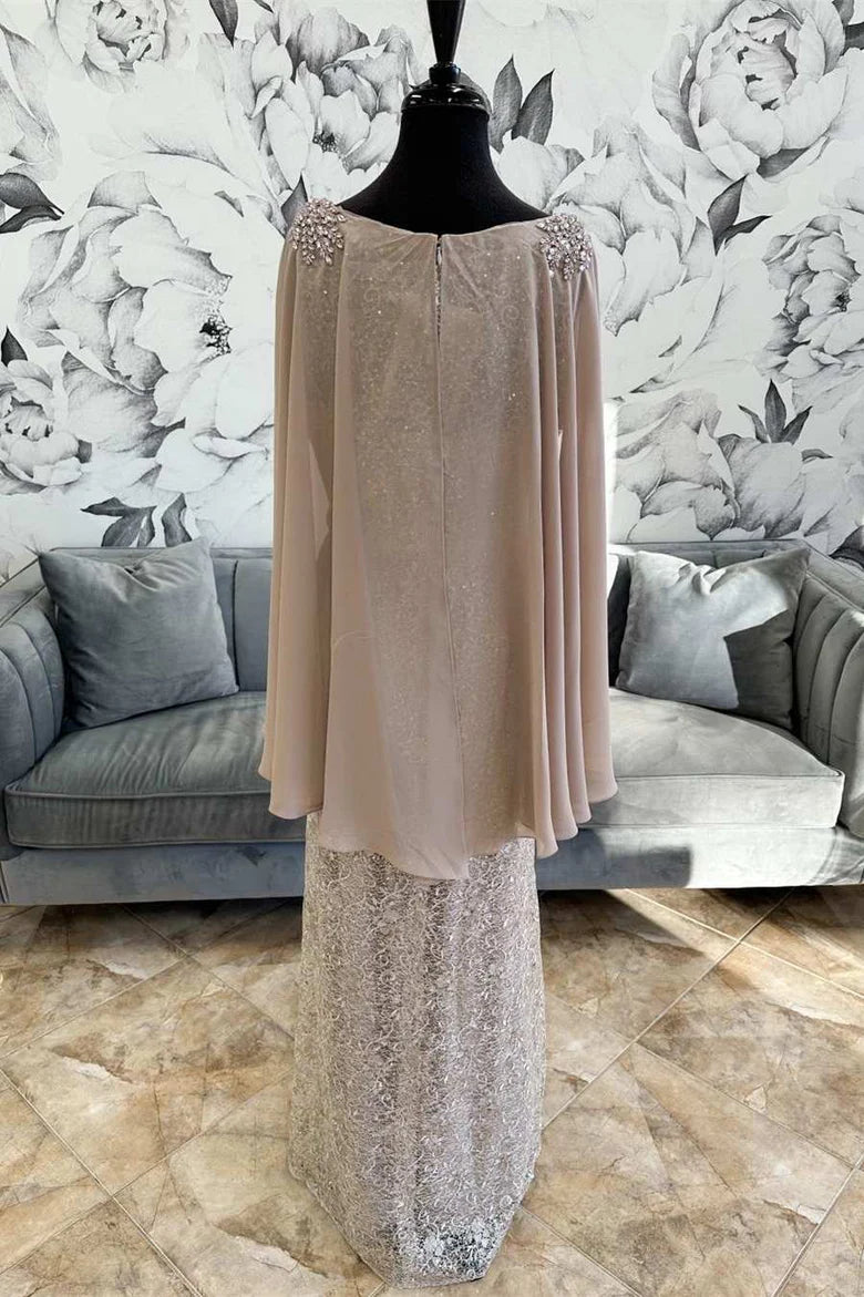 Gray Lace Printing Round Neck Long Evening Dress With Cape Sleeves