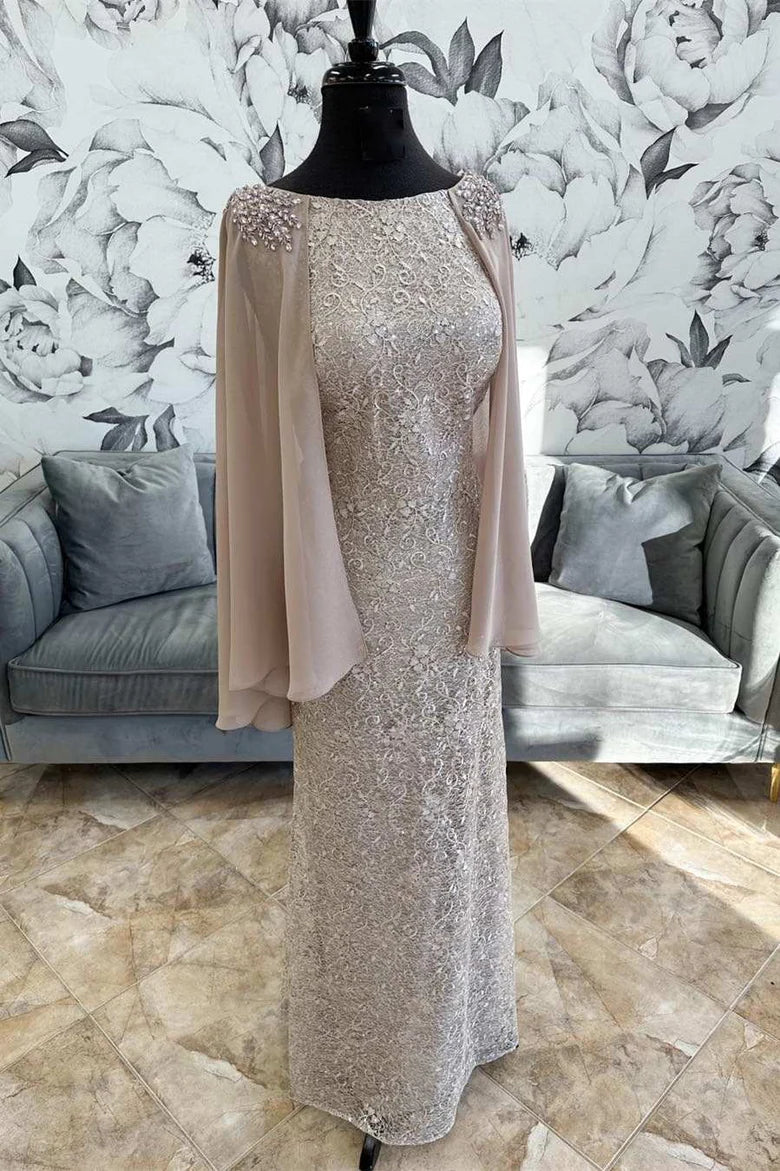 Gray Lace Printing Round Neck Long Evening Dress With Cape Sleeves