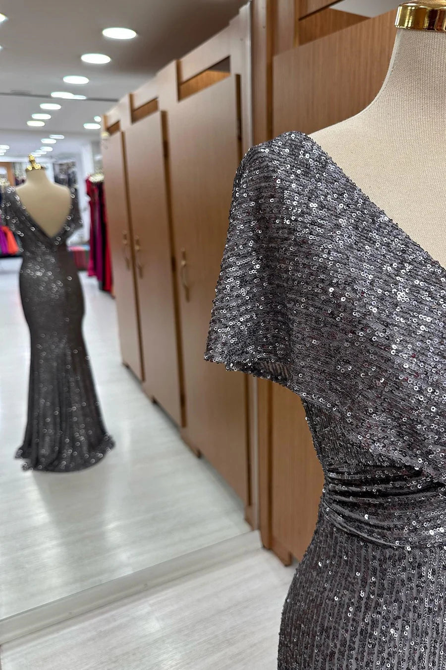 Gray Sequin Surplice Neck Open Back Mermaid Floor Length Mother of the Bride Dress