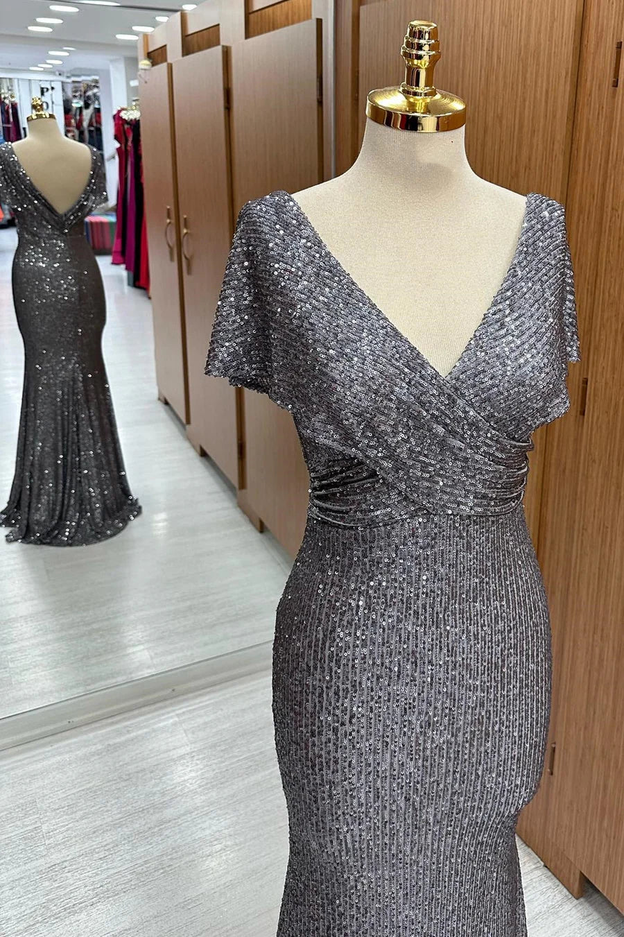 Gray Sequin Surplice Neck Open Back Mermaid Floor Length Mother of the Bride Dress